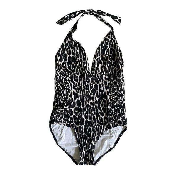 Calvin Klein Leopard Print Halter One Piece Swimsuit Ruched Side Panels - Picture 2 of 8